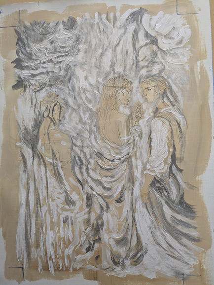 Two figures in oil painting interacting, expressive composition, figurative dialogue scene
