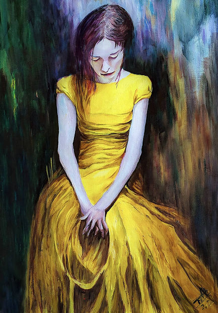 Painting of a woman in a yellow dress.