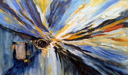 Plato’s Demiurge by Félix Rubio — an abstract blue, white and gold painting with a dark cosmic nucleus and an ancient parchment of mathematical formulas.