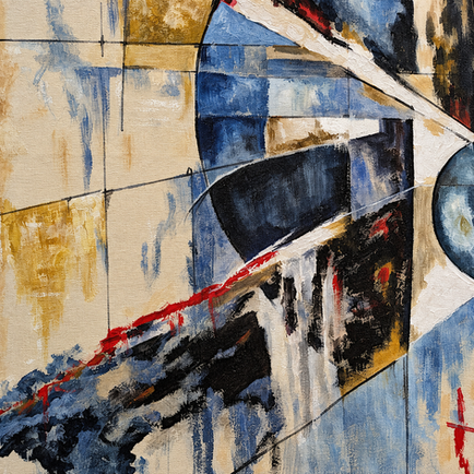 Abstract detail of Spinoza’s Conatus with lines, arcs and layered colour, suggesting forces that confront, adapt and continue in accordance with Spinoza’s concept of conatus.