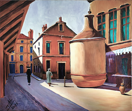 Street scene with large bottle-shaped structure.