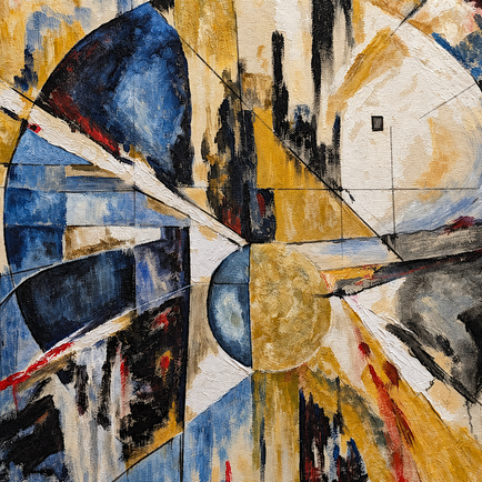 Dynamic detail of Spinoza’s Conatus with blue, ochre, red, black and white forms in tension, expressing transformation, resistance and the persistence of being.