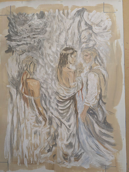 Oil painting with thick brushstrokes, impasto texture, layered composition in progress