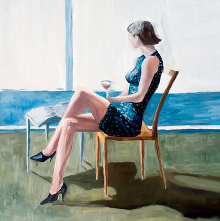 Woman in a dark blue dress seated by the sea with a glass in her hand, bathed in Mediterranean light and deep shadows, oil painting by Félix Rubio.