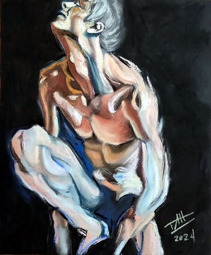 Abstract painting of a seated figure, dark background.