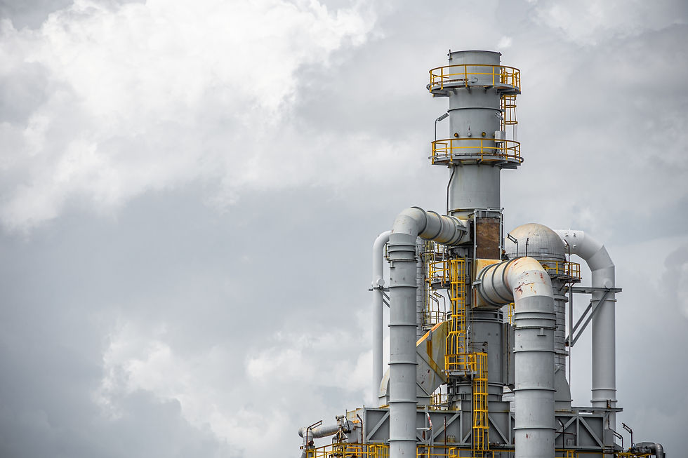 Oil petroleum refinery plant building distillation columns tower, Closeup part of fuel gas