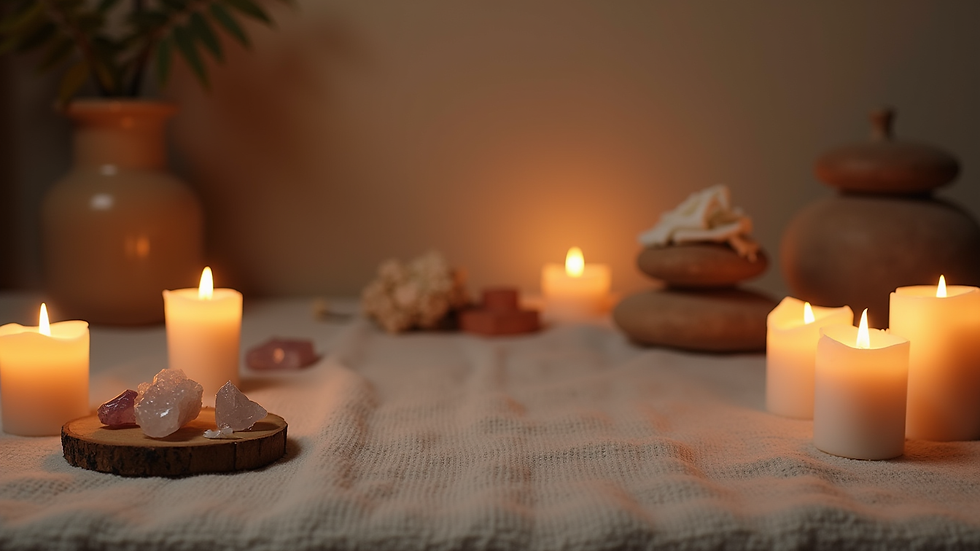 Eye-level view of a quiet meditation space with candles and crystals