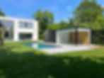 Modern poolhouse met grote ramen. Aparte berging voorzien. Buitenkant van het poolhouse is in zwarte panelen. De binnenzijde heeft een houten muur en witte panelen als afwerking. De terrasvloer omsluit het zwembad.