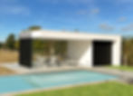 Strak en modern poolhouse in witte crepi en witte panelen. Zwarte alu palen als afwerng aan de zijkant.