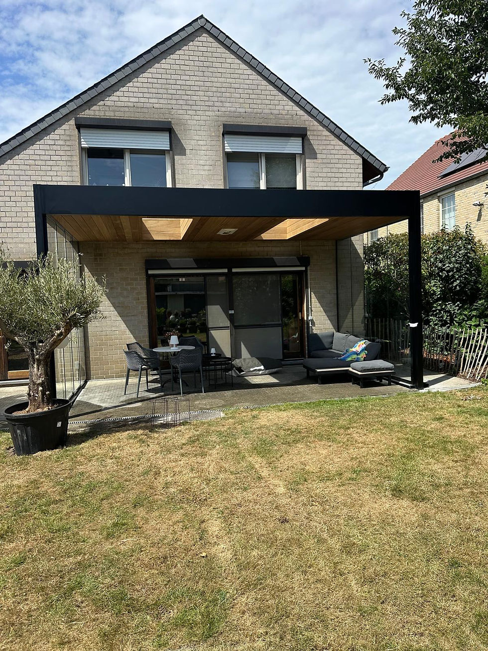 overkapping met 2 dakramen en zwarte kroonlijst , plafond in thermowood ayous 