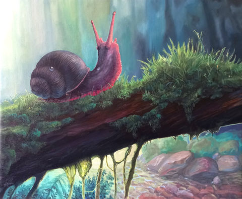 An oil painting of a snail travelling along a mossy log. Painting completed by fantasy artist Heidi Monsant