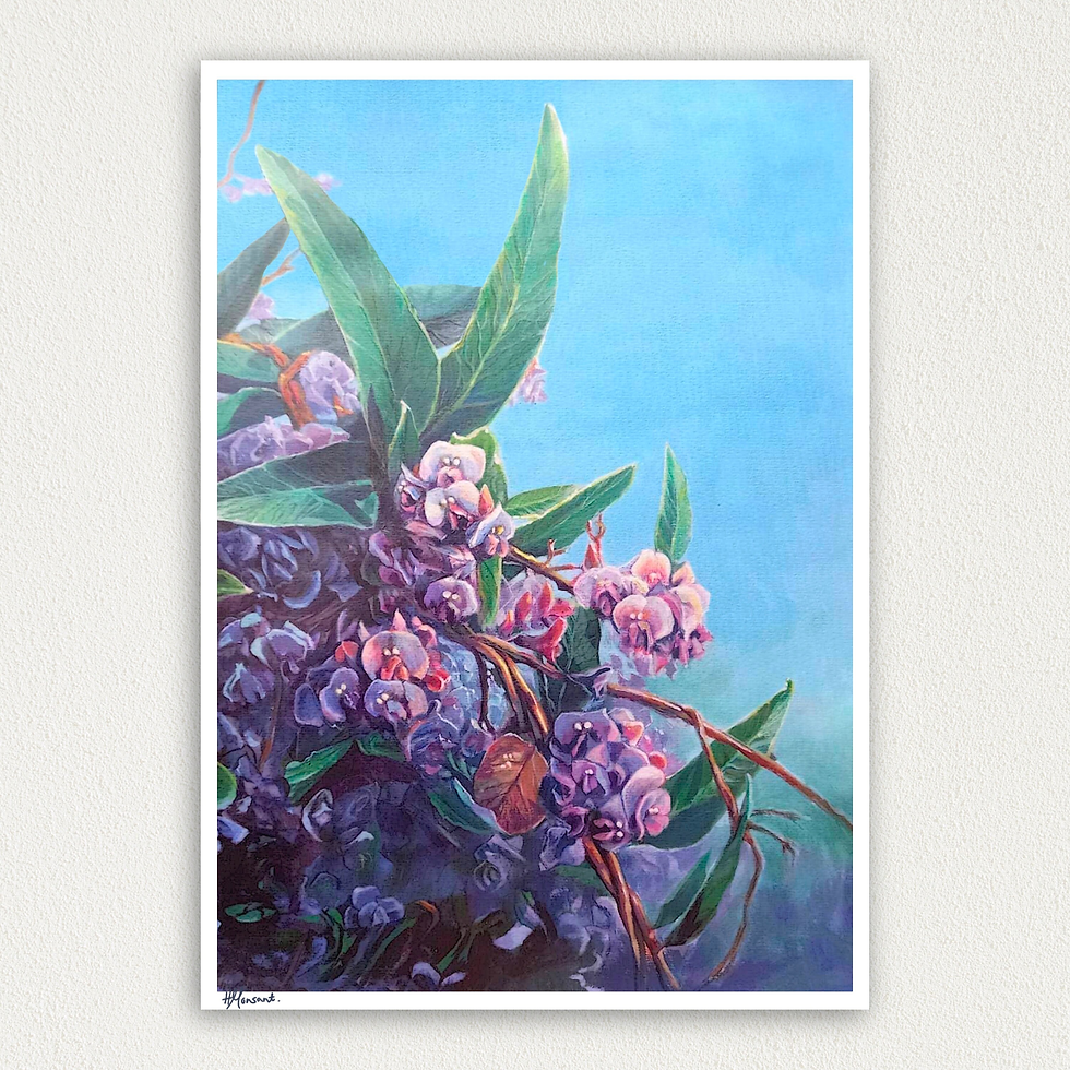 Thumbnail: Happy Wanderer - Hardenbergia art print, garden art, cottagecore, botanicals, australian plants, flowers painting, magical