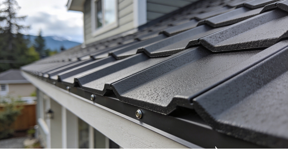 Close up of an Ironstone metal roofing profile on a residential roof in British Columbia
