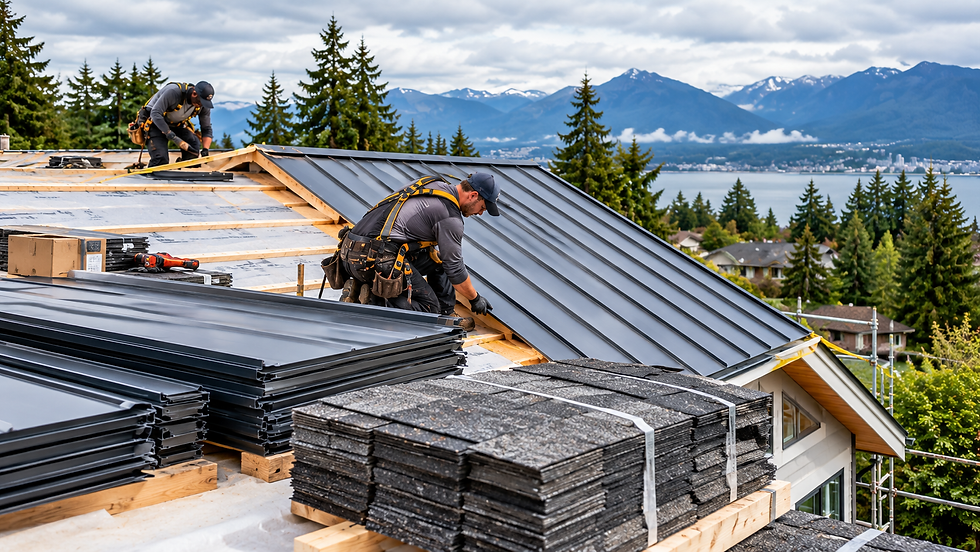Roofing crew installing standing seam metal roofing with metal panels and asphalt shingles on a BC home