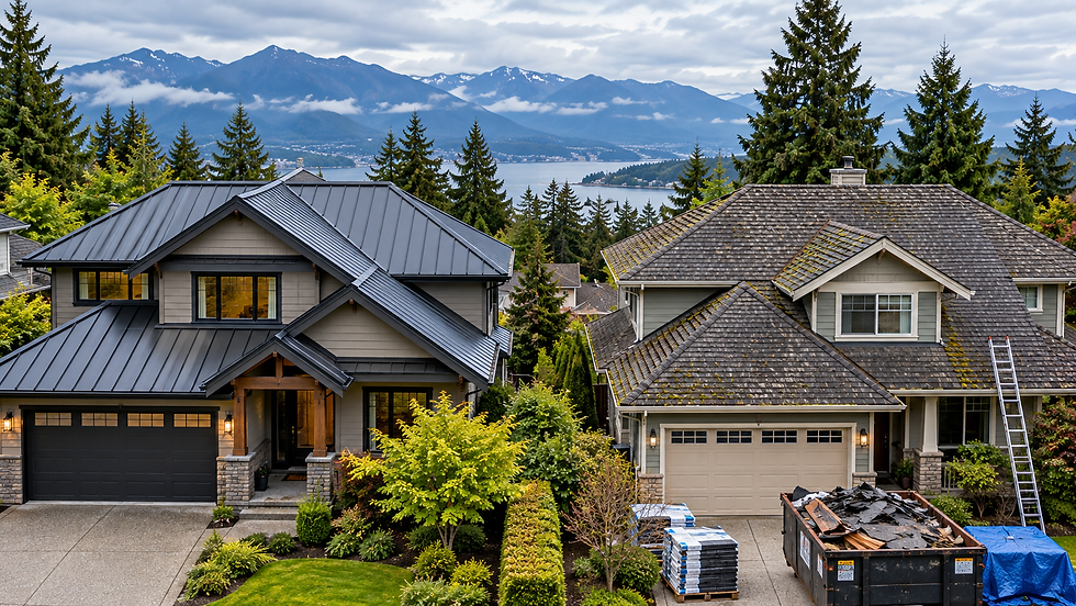 Metal roof vs. asphalt shingles comparison on a residential home in British Columbia