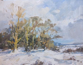 oil painting of a snow landscape with trees near colchester by graham webber roi