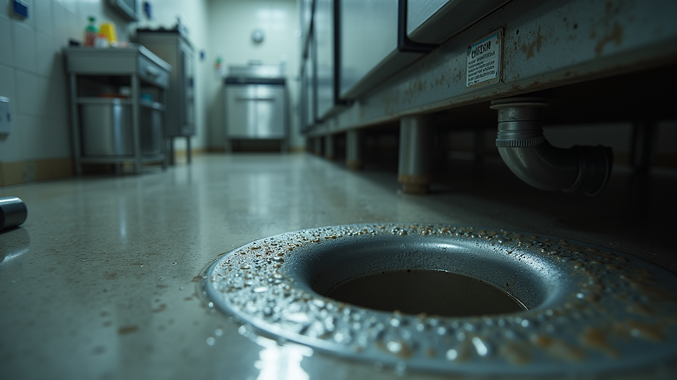 Eye-level view of a commercial kitchen grease trap installed under a sink