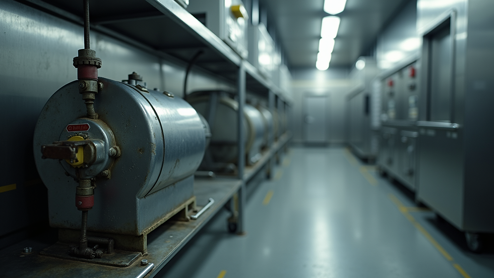 Eye-level view of a hydromechanical grease trap installed in a commercial kitchen
