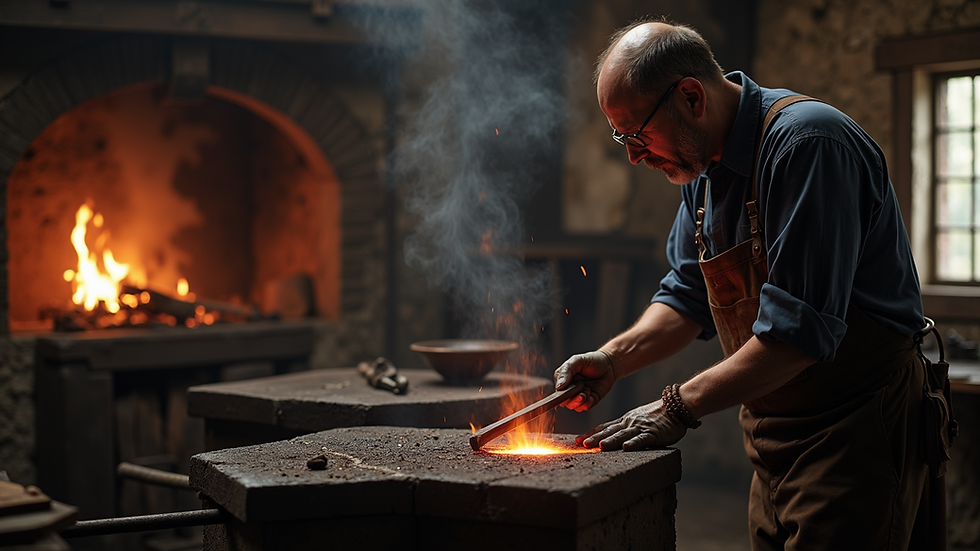 Close-up view of a blacksmith working at a historic village forge