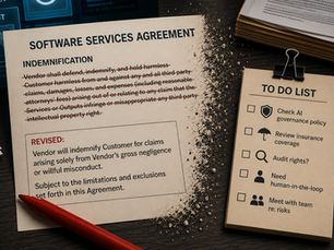 Image of AI contract indemnification language narrowing, next to a to-do list