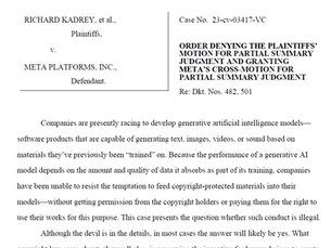 Image of Judge Chhabria's order granting summary judgment to Meta