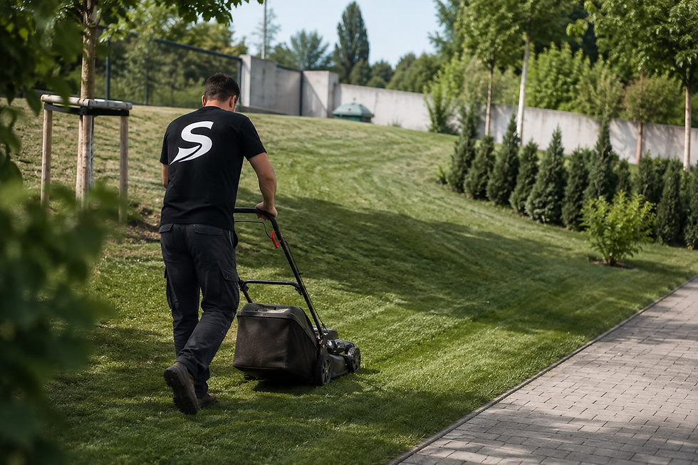 Mann beim Rasenmähen im Garten, Hausmeisterservice Stanic Service