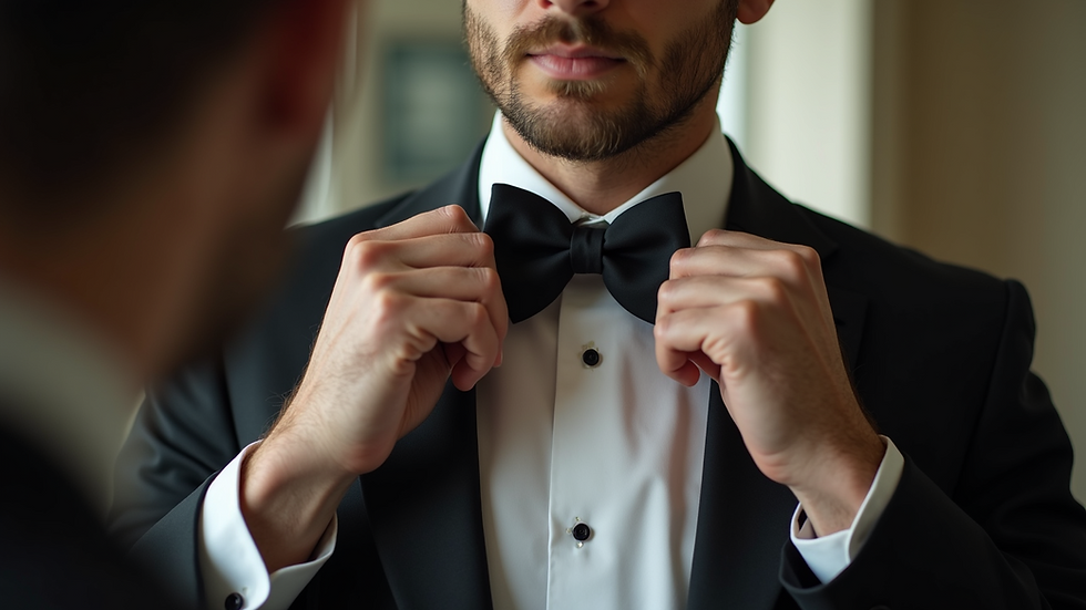 Close-up view of hands tying a black bow tie in front of a mirror