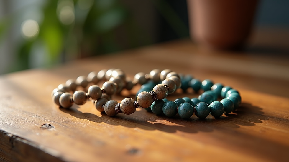 Close-up view of stylish beaded bracelets on a wooden surface