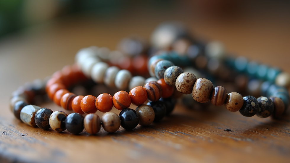 Eye-level view of a collection of mixed-material beaded bracelets on a wooden surface
