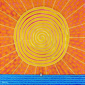 Under the Sun is an original painting by Mauritian artist Pascal Zafer (2026), a mesmerising meditation on scale, light, and solitude. A vast, spiralling sun dominates almost the entire canvas, its concentric rings of gold, yellow, and deep red radiating outward like a cosmic mandala against a field of orange and pink dotted patterns. At the very bottom, a thin strip of blue patterned ocean carries a single tiny white sailboat — utterly dwarfed, yet quietly defiant beneath the blazing sky. The work carries a strong resonance with Aboriginal Australian dot painting traditions, channelling that same ancient, elemental connection between land, sun, and the infinite. Hypnotic, warm, and powerfully simple, this piece commands any wall it inhabits. Keywords: sun painting, Mauritius, Mauritian art, original acrylic painting 2026, aboriginal style art, dot painting, sailboat art, colourful wall art, contemporary African art, mandala sun, Indian Ocean art.