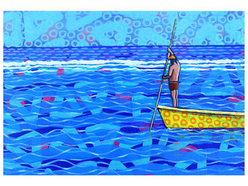 The Yellow Pirogue is an original painting by Mauritian artist Pascal Zafer. A lone fisherman stands at the bow of his patterned yellow pirogue, pole in hand, facing the open sea beyond the breaking reef. The vast patterned ocean surrounds him in every shade of blue. Quiet, dignified, and timelessly Mauritian — a man, his boat, and the sea.
Keywords: pirogue painting, Mauritius, fisherman art, Mauritian art, seascape, ocean painting, Indian Ocean art, Zafer style, colourful wall art.