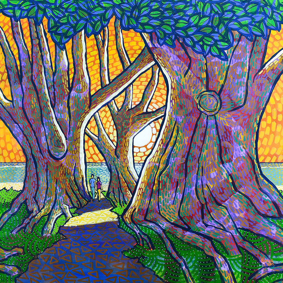 Colorful painting of two people walking on a path through large, vibrant trees. Bright orange sky and sea in the background, creating a serene mood.