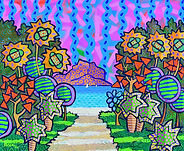 Le Morne au Ciel Rose (Le Morne under a Pink Sky) by Mauritian artist Pascal Lagesse, painted in his signature Zafer style. A sandy path winds between lush, patterned tropical foliage — sunflowers, star-shaped plants and mosaic bushes — toward a turquoise bay where two white sails drift. The iconic Le Morne Brabant rises in purple and orange beneath a striking pink, dotted sky. Blending Van Gogh's expressive energy with Aboriginal dot painting and bold Indian Ocean colour, this vibrant original acrylic celebrates one of Mauritius's most beloved landmarks.