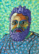 A striking self-portrait by Mauritian artist Pascal Lagesse, painted in his signature Zafer style. The artist gazes out with a purple, curl-covered beard and hair, his face a mosaic of triangles, dots, and warm ochre tones, set against a soft green tiled background. His patterned blue and pink garment echoes the geometric language that defines his work. Blending Van Gogh's expressive intensity with Aboriginal dot painting and mosaic influences, this bold original acrylic is a personal, characterful piece of contemporary Mauritian fine art.
Keywords: Pascal Lagesse, self-portrait, Zafer style, Mauritian art, geometric portrait, mosaic painting, colourful portrait art, contemporary fine art, Indian Ocean art, dot painting, bold acrylic portrait, expressive portraiture, original artwork, patterned portrait, artist self-portrait.