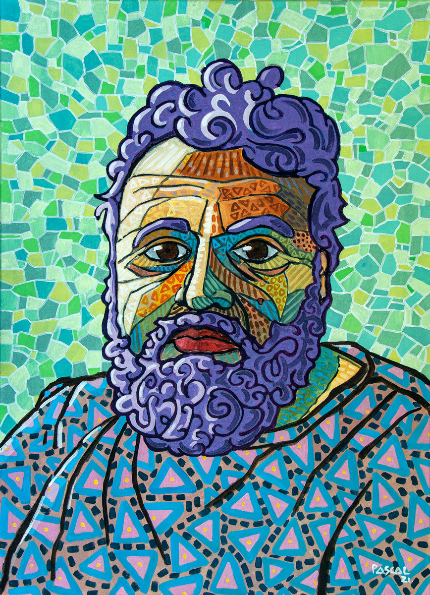 A striking self-portrait by Mauritian artist Pascal Lagesse, painted in his signature Zafer style. The artist gazes out with a purple, curl-covered beard and hair, his face a mosaic of triangles, dots, and warm ochre tones, set against a soft green tiled background. His patterned blue and pink garment echoes the geometric language that defines his work. Blending Van Gogh's expressive intensity with Aboriginal dot painting and mosaic influences, this bold original acrylic is a personal, characterful piece of contemporary Mauritian fine art.
Keywords: Pascal Lagesse, self-portrait, Zafer style, Mauritian art, geometric portrait, mosaic painting, colourful portrait art, contemporary fine art, Indian Ocean art, dot painting, bold acrylic portrait, expressive portraiture, original artwork, patterned portrait, artist self-portrait.