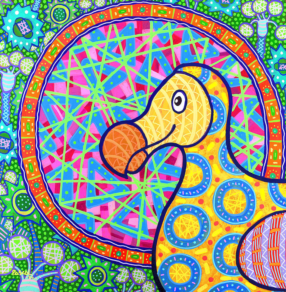 Portrait of a Yellow Dodo is an original painting by Mauritian artist Pascal Zafer (2024). A bold, close-up portrait of Mauritius's iconic extinct bird, its golden patterned body filling the canvas against a magnificent circular mandala of criss-crossing greens and pinks. Warm, witty, and radiantly alive, this work reimagines the dodo as a creature of pure joy — a vivid symbol of Mauritian identity reclaimed through colour and pattern.
Keywords: dodo portrait, Mauritius, Mauritian art, dodo painting, extinct bird art, original painting 2024, pop art animal, contemporary African art, colourful wall art.