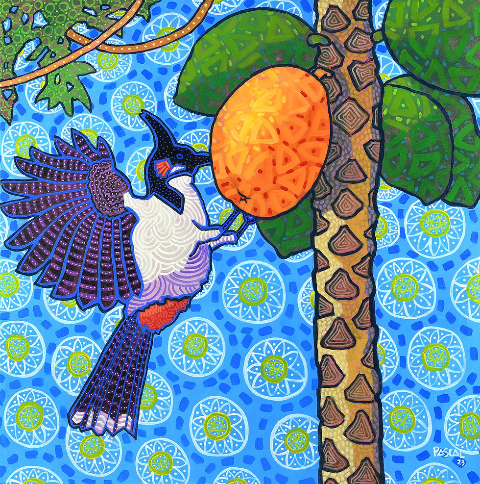 Bulbul Bird and Papaya (2023) by Mauritian artist Pascal Lagesse, painted in his signature Zafer style. A red-whiskered bulbul spreads its patterned wings mid-flight to feast on a ripe orange papaya, its feathers rendered in intricate dots and stripes. The scene glows against a decorative sky of white and yellow flower medallions. Blending Van Gogh's expressive energy with Aboriginal dot painting and bold Indian Ocean colour, this vibrant original acrylic captures a lively moment of Mauritian tropical nature.

Keywords: Pascal Lagesse, bulbul bird painting, papaya, Zafer style, Mauritian art, Indian Ocean art, tropical bird art, wildlife painting, colourful acrylic painting, red-whiskered bulbul, geometric bird art, contemporary Mauritian art, Van Gogh inspired, dot painting, original fine art.