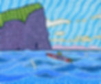 Fishing in Coin de Mire (2022) by Mauritian artist Pascal Lagesse, painted in his signature Zafer style. A lone fisherman guides his red boat past the towering basalt islet of Coin de Mire (Gunner's Quoin), its purple cliffs patterned with triangles and topped in green. White seabirds wheel over patterned turquoise waves beneath a striped, dotted sky, with mainland Mauritius rising on the horizon. Blending Van Gogh's energy with bold Indian Ocean colour, this vibrant original acrylic celebrates the beauty of northern Mauritius.Keywords: Pascal Lagesse, Coin de Mire, Gunner's Quoin, Zafer style, Mauritian art, fishing boat painting, Indian Ocean art, tropical seascape, northern Mauritius, colourful acrylic painting, geometric seascape, contemporary Mauritian art, island art, seabird painting, original fine art.