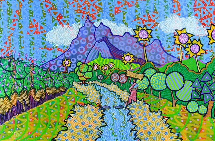 painting of a young pregnant woman crossing a river with Pieter-Both mountain at the back.