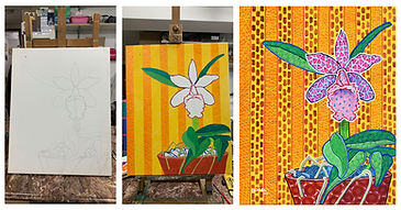 A step-by-step creative process collage showing the evolution of a tropical orchid painting by Mauritian artist Pascal Lagesse in his signature Zafer style. From pencil sketch to detailed geometric composition and vibrant finished artwork, the image highlights bold colours, rhythmic patterns, decorative textures, and contemporary Mauritian floral art inspired by nature and imagination.
