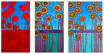 A three-stage artistic process collage by Mauritian artist Pascal Lagesse showing the evolution of a vibrant coconut trees painting in the Zafer style. From red underpainting and initial sketch to detailed geometric patterns and the final colourful tropical composition, the artwork highlights bold colours, rhythmic repetition, expressive linework, and contemporary Mauritian art inspired by nature and emotion.