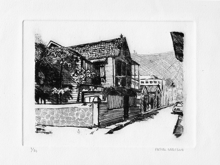 Etching on copper plate of an old wooden house in Port-Louis, Mauritius.