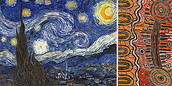 A comparative image featuring Vincent van Gogh’s The Starry Night alongside traditional Australian Aboriginal dot painting, highlighting visual similarities in rhythm, repetition, movement, and symbolic patterns. The composition explores artistic influences linked to the Zafer style of Mauritian artist Pascal Lagesse, where swirling forms, geometric repetition, and expressive colour create emotional and dreamlike contemporary artworks.