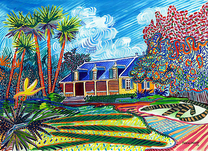 Maison Coloniale is an original painting by Mauritian artist Pascal Zafer (2003) — the very first work created in what would become his iconic Zafer style. A grand Creole colonial house sits beneath tall palm trees and a flamboyant in full bloom, the garden alive with bold colour and energetic mark-making. The beginning of a unique artistic journey that would go on to define contemporary Mauritian art.
Keywords: Mauritius colonial house, Creole architecture, Mauritian art, first Zafer painting, original painting 2003, contemporary African art, tropical landscape, Mauritian heritage art.
