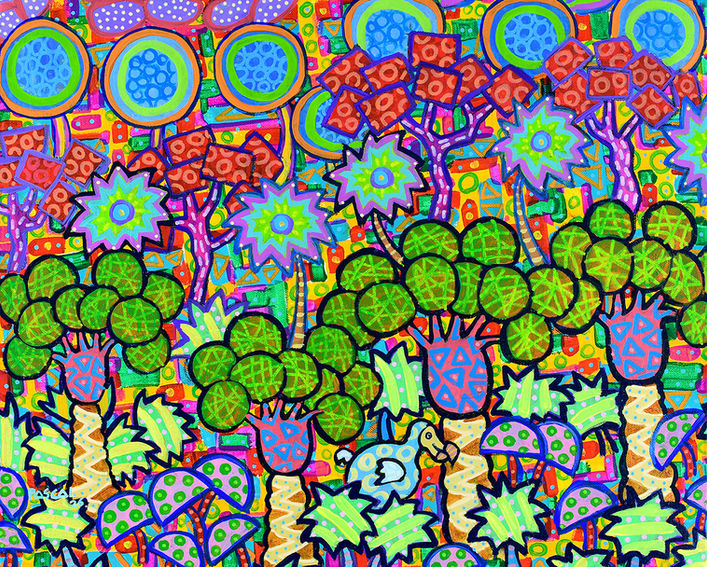 Long Ago is an original painting by Mauritian artist Pascal Zafer (2026), a riotous vision of Mauritius as it once was — a primeval tropical paradise teeming with life before human arrival. The canvas is an almost overwhelming explosion of patterned foliage, clustered orange fruits, starburst flowers, and layered jungle growth in every direction, with barely a sliver of sky visible above. Tucked quietly among the undergrowth, a small dodo goes about its ancient business, blissfully unaware of its fate — a tender, bittersweet cameo at the heart of the composition. Dense, joyful, and endlessly rewarding to explore, this work invites the viewer to slow down and lose themselves in a lost world. A powerful piece for collectors of contemporary African art, wildlife art, and narrative painting.
Keywords: Mauritius, Mauritian art, dodo painting, prehistoric jungle, tropical art, original acrylic painting 2026, colourful wall art, contemporary African art, wildlife art, narrative painting.