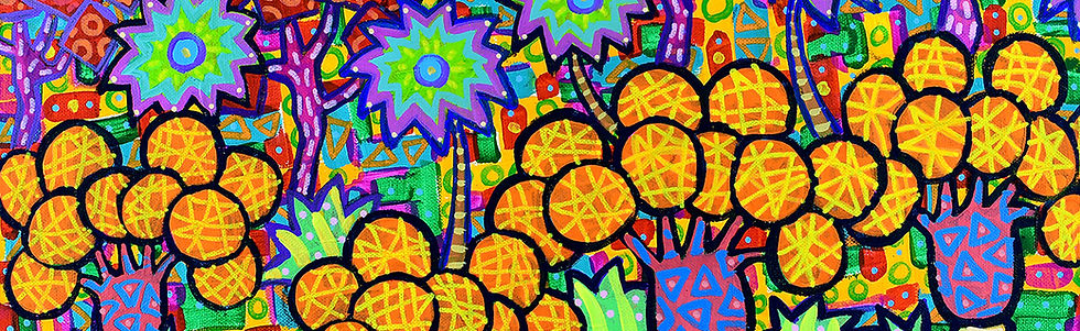 Long Ago is an original painting by Mauritian artist Pascal Zafer (2026), a riotous vision of Mauritius as it once was — a primeval tropical paradise teeming with life before human arrival. The canvas is an almost overwhelming explosion of patterned foliage, clustered orange fruits, starburst flowers, and layered jungle growth in every direction, with barely a sliver of sky visible above. Tucked quietly among the undergrowth, a small dodo goes about its ancient business, blissfully unaware of its fate — a tender, bittersweet cameo at the heart of the composition. Dense, joyful, and endlessly rewarding to explore, this work invites the viewer to slow down and lose themselves in a lost world. A powerful piece for collectors of contemporary African art, wildlife art, and narrative painting.
Keywords: Mauritius, Mauritian art, dodo painting, prehistoric jungle, tropical art, original acrylic painting 2026, colourful wall art, contemporary African art, wildlife art, narrative painting.
