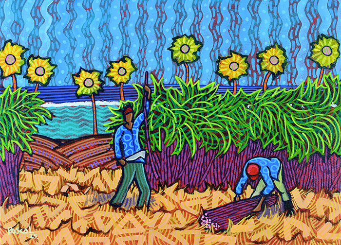 Harvesting by the Sea, a Zafer style painting by Mauritian artist Pascal Lagesse of two workers tending fields of patterned sunflowers beside a turquoise sea.