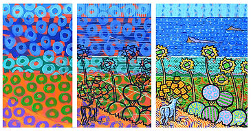 A contemporary art process collage by Mauritian artist Pascal Lagesse showing the creation of a colourful Zafer style landscape. The three-panel composition reveals the evolution from abstract textured backgrounds to a finished tropical scene filled with geometric flowers, vibrant patterns, ocean views, and expressive linework inspired by Mauritian nature, colour, and imagination.