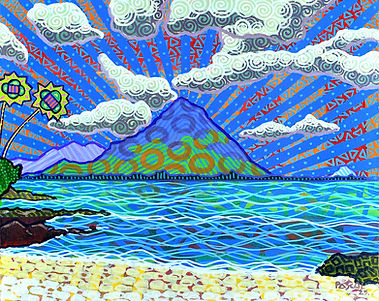 Tamarin Bay is an original painting by Mauritian artist Pascal Zafer (2025). The iconic mountain of Tamarin rises in cool blue and green across a shimmering turquoise bay, as radiating blue rays fan outward across a sky filled with swirling patterned clouds. A pebbled shore and rocky coastline frame the foreground with quiet solidity. Serene yet electrically alive, this work captures the raw, unhurried beauty of one of Mauritius's most beloved coastal landscapes. Keywords: Tamarin Bay, Mauritius, Mauritian art, coastal landscape, original painting 2025, Indian Ocean art, contemporary African art, colourful wall art.