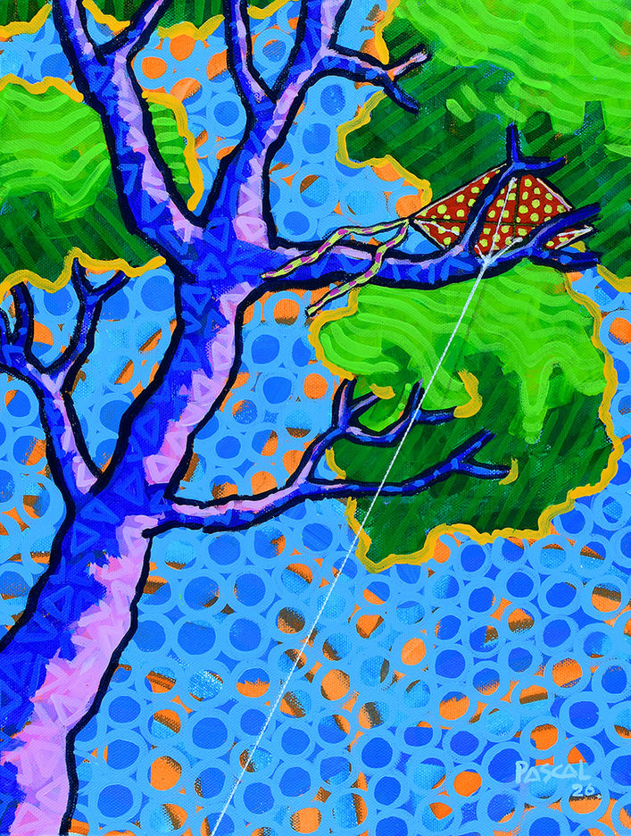 Trapped in the Tree is an original painting by Mauritian artist Pascal Zafer (2026), a vivid and deeply personal evocation of childhood memory. A red polka-dotted kite sits snagged in the bare upper branches of a towering purple tree, its thin white string trailing downward across the canvas — taut with the quiet frustration of a moment every child knows too well. The composition is intimate and close, looking upward through the branching silhouette as if through the eyes of a young boy standing helpless below, neck craned, heart sinking. Zafer's signature patterned background — a swirling field of cobalt circles and burnt orange — transforms what could be a simple scene into something dreamlike and timeless, while an explosion of vivid green foliage pushes in from the edges, full of the untamed energy of a tropical childhood. At once playful and quietly melancholic, this work captures the bittersweet texture of memory with warmth, humour, and painterly mastery. A deeply relatable and collectible piece for lovers of narrative art, contemporary African art, and expressive figurative painting.
Keywords naturally included: Mauritius, Mauritian art, original acrylic painting 2026, childhood memory painting, kite painting, narrative art, figurative art, contemporary African art, colourful wall art, nostalgic art, expressive painting.